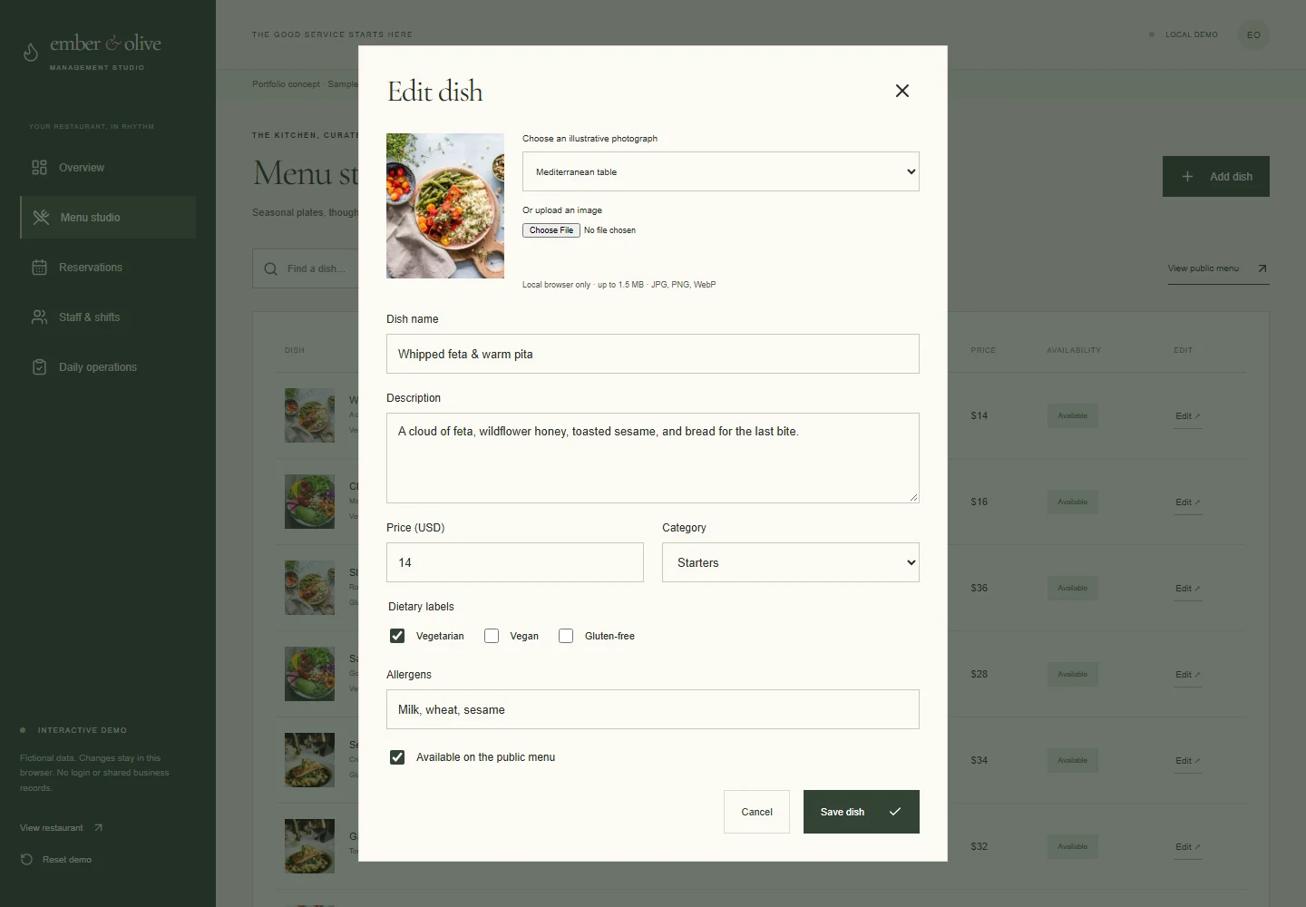 Ember & Olive dish editor dialog showing editable menu fields.