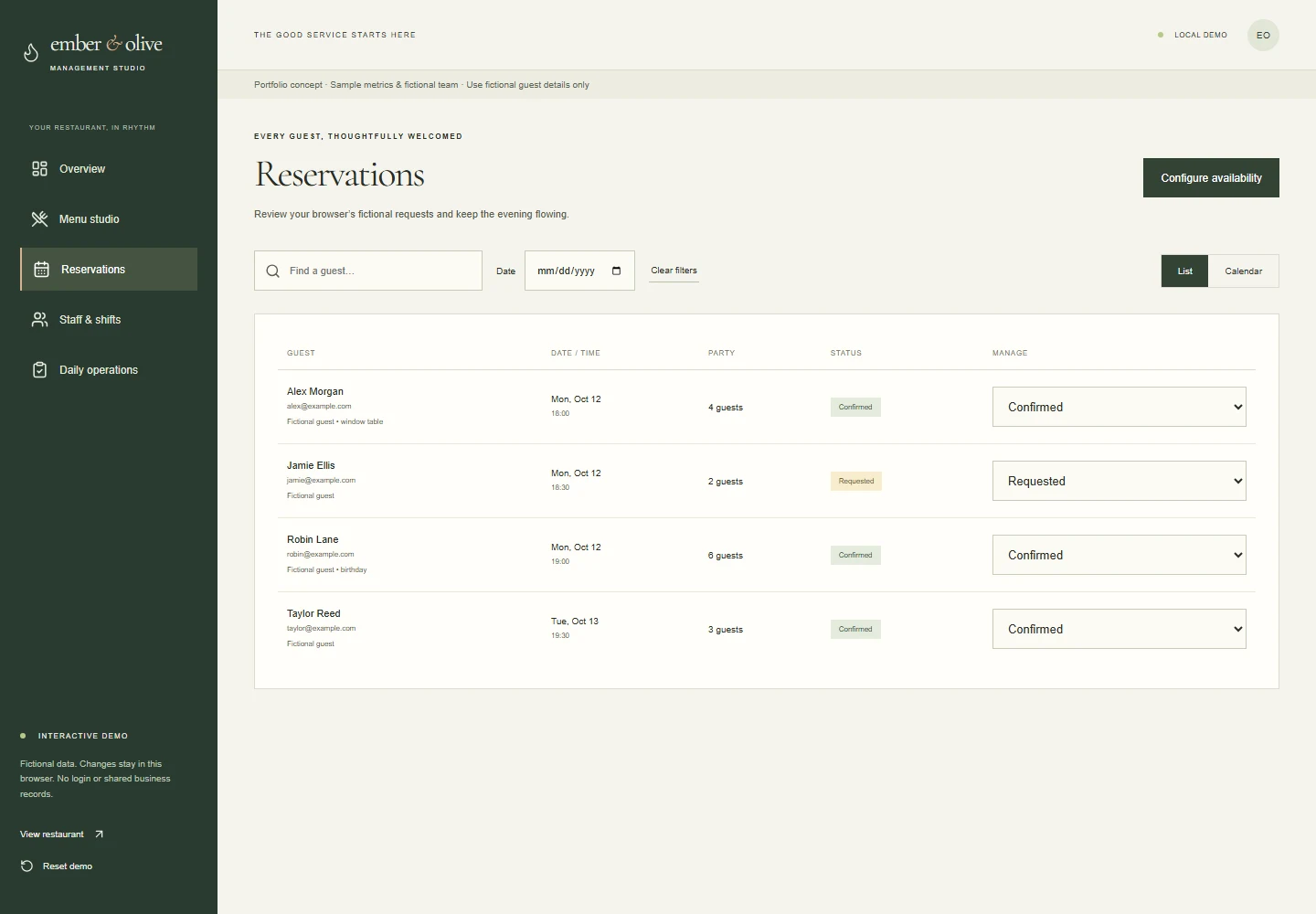 Ember & Olive reservation-management screen containing fictional guest records.