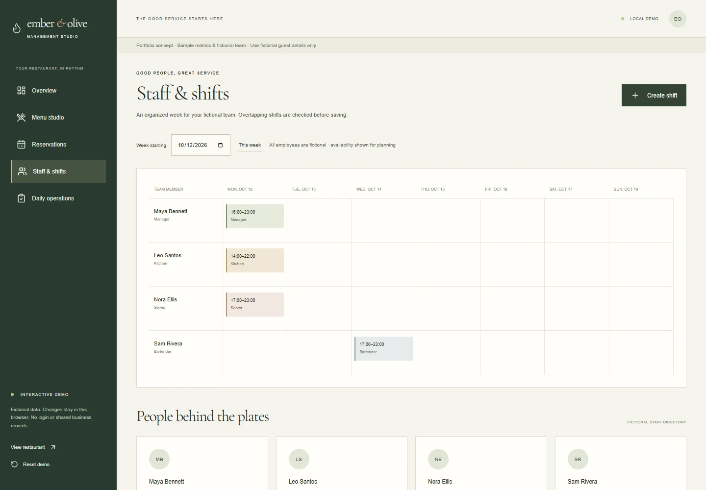 Ember & Olive weekly calendar of fictional staff shifts.