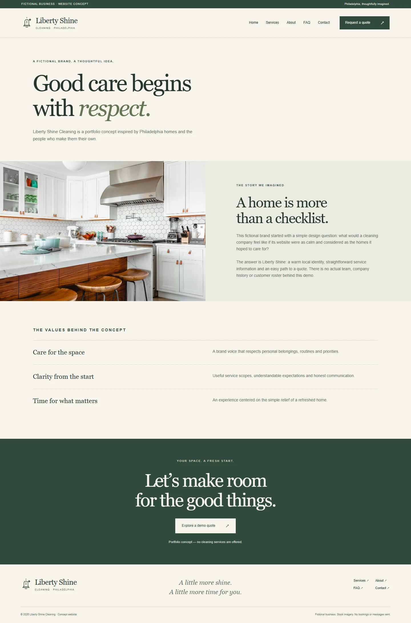Liberty Shine About page with forest-green headings and warm ivory styling.