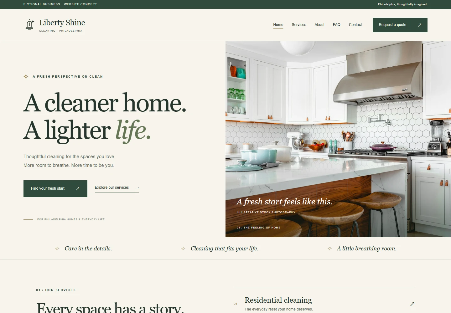 Actual Liberty Shine Cleaning homepage with warm ivory design, forest-green typography and an illustrative kitchen photograph.