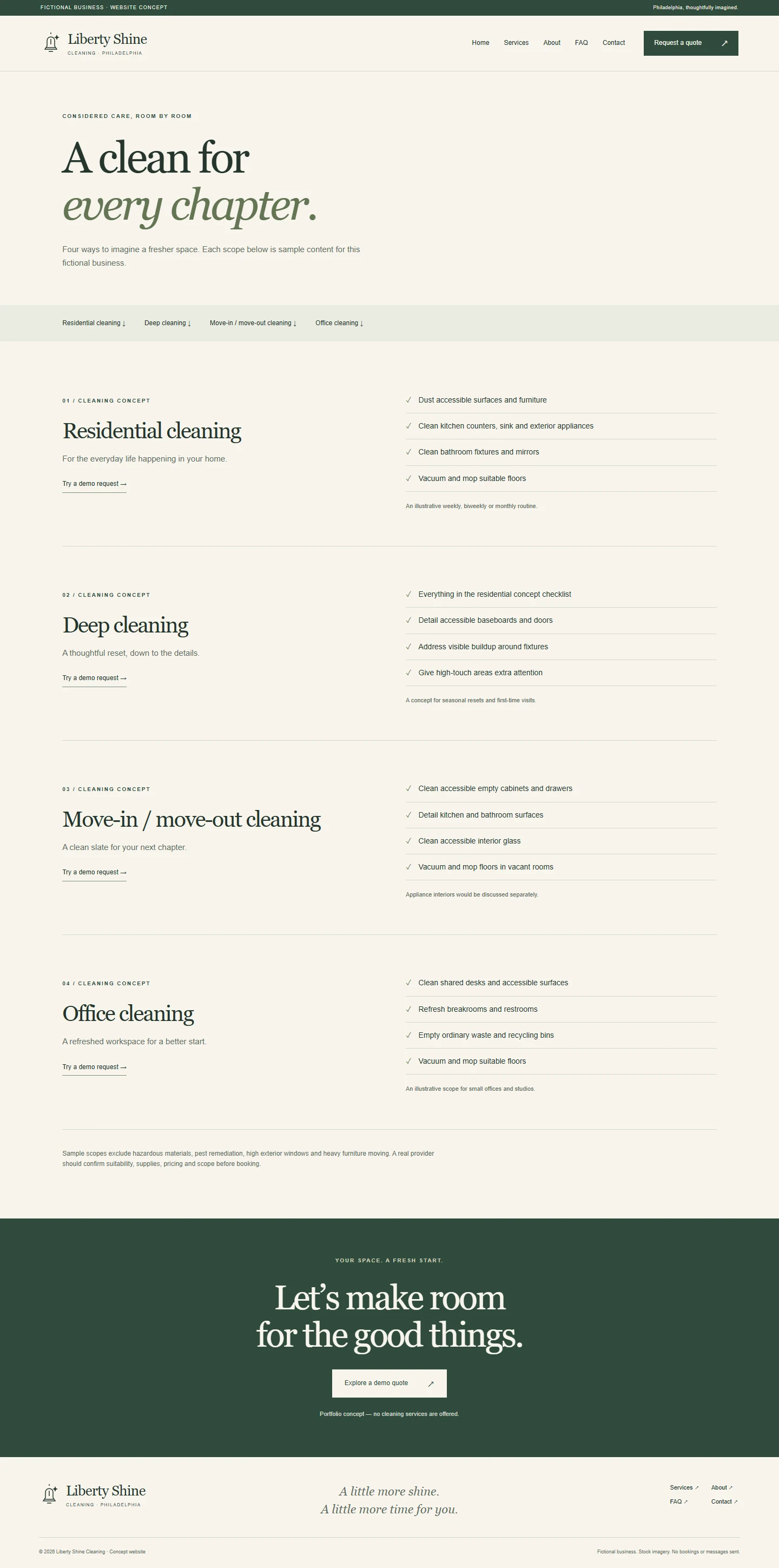Liberty Shine service page showing sample cleaning scopes and editorial layout.