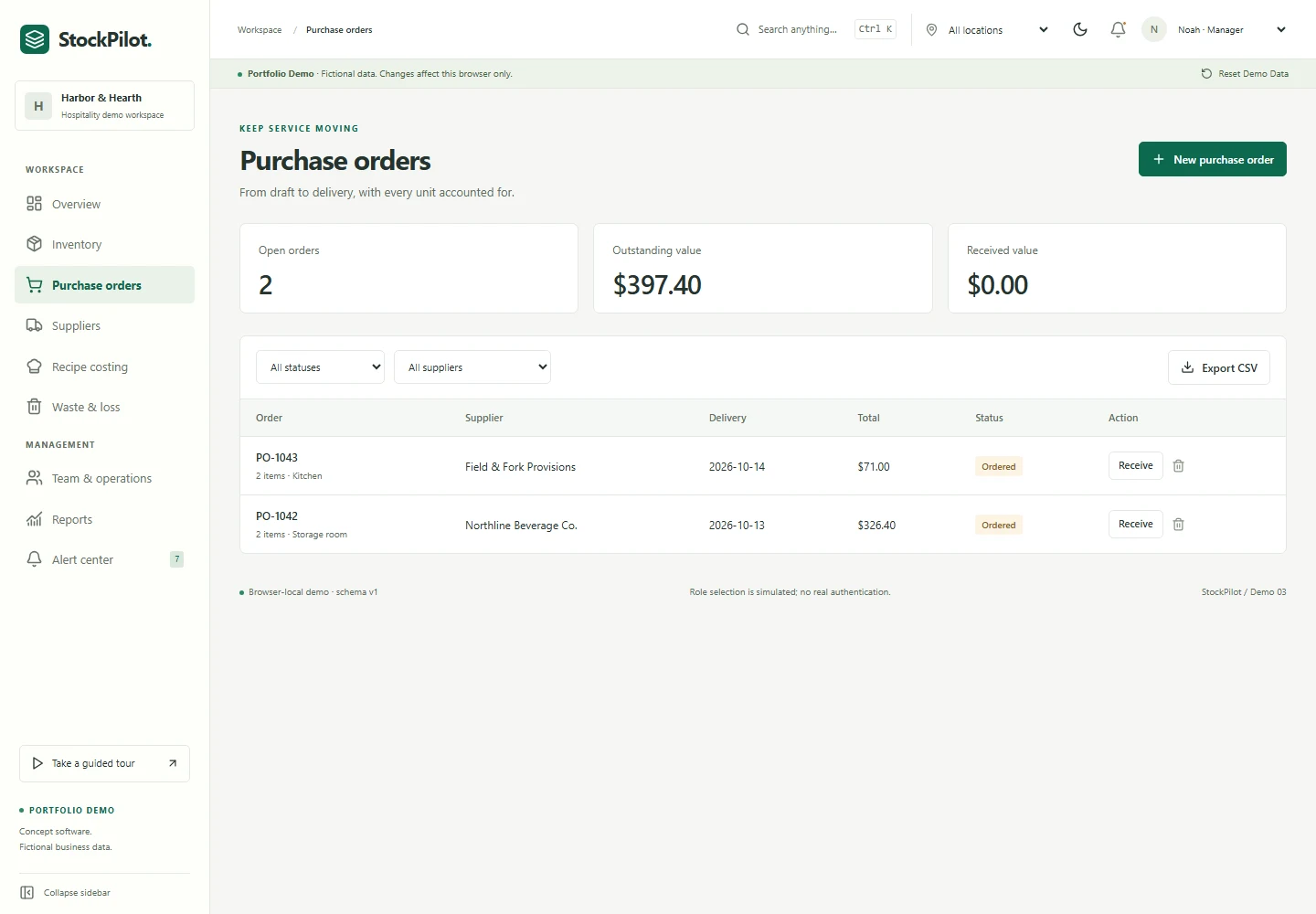 StockPilot purchase-order workspace with sample supplier orders and receiving statuses.