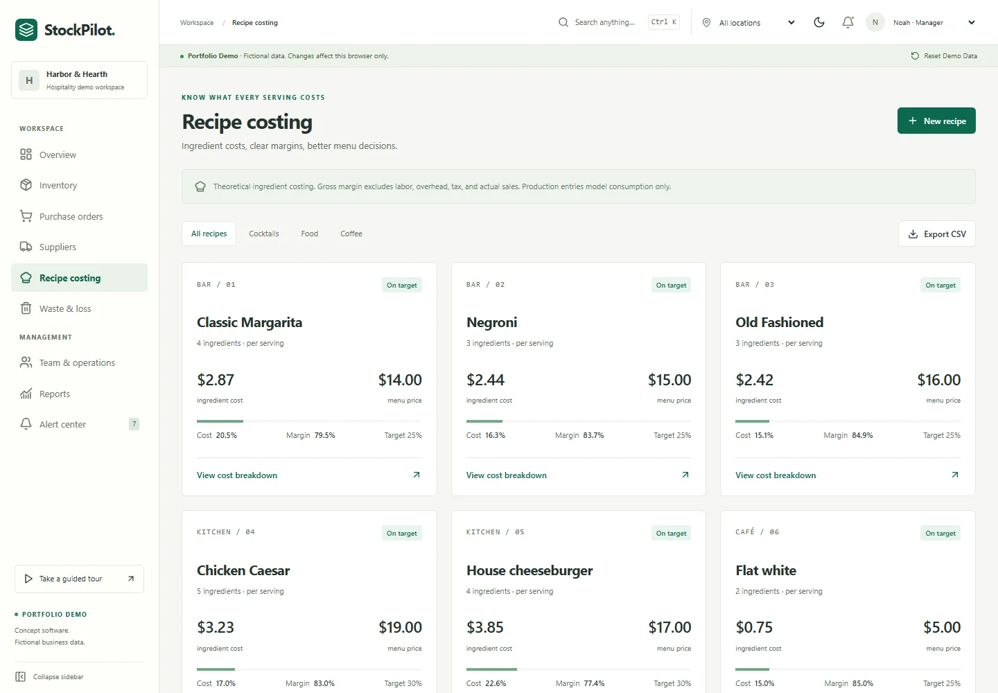 StockPilot recipe-costing screen with sample recipe cards and theoretical margin calculations.